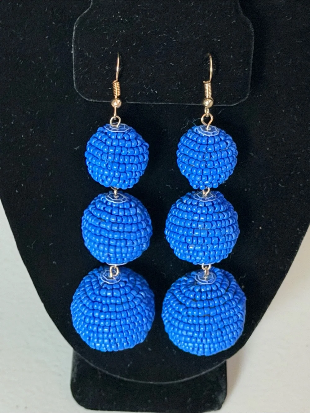 Handmade Royal Blue Triple Bead Drop Earrings